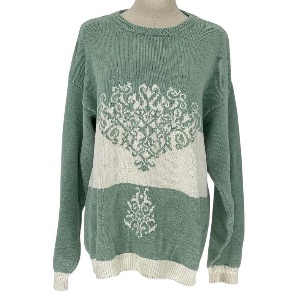 IZOD CLUB Vintage Hand‎ Intarsia Sweater Light Green Cotton Ladies L